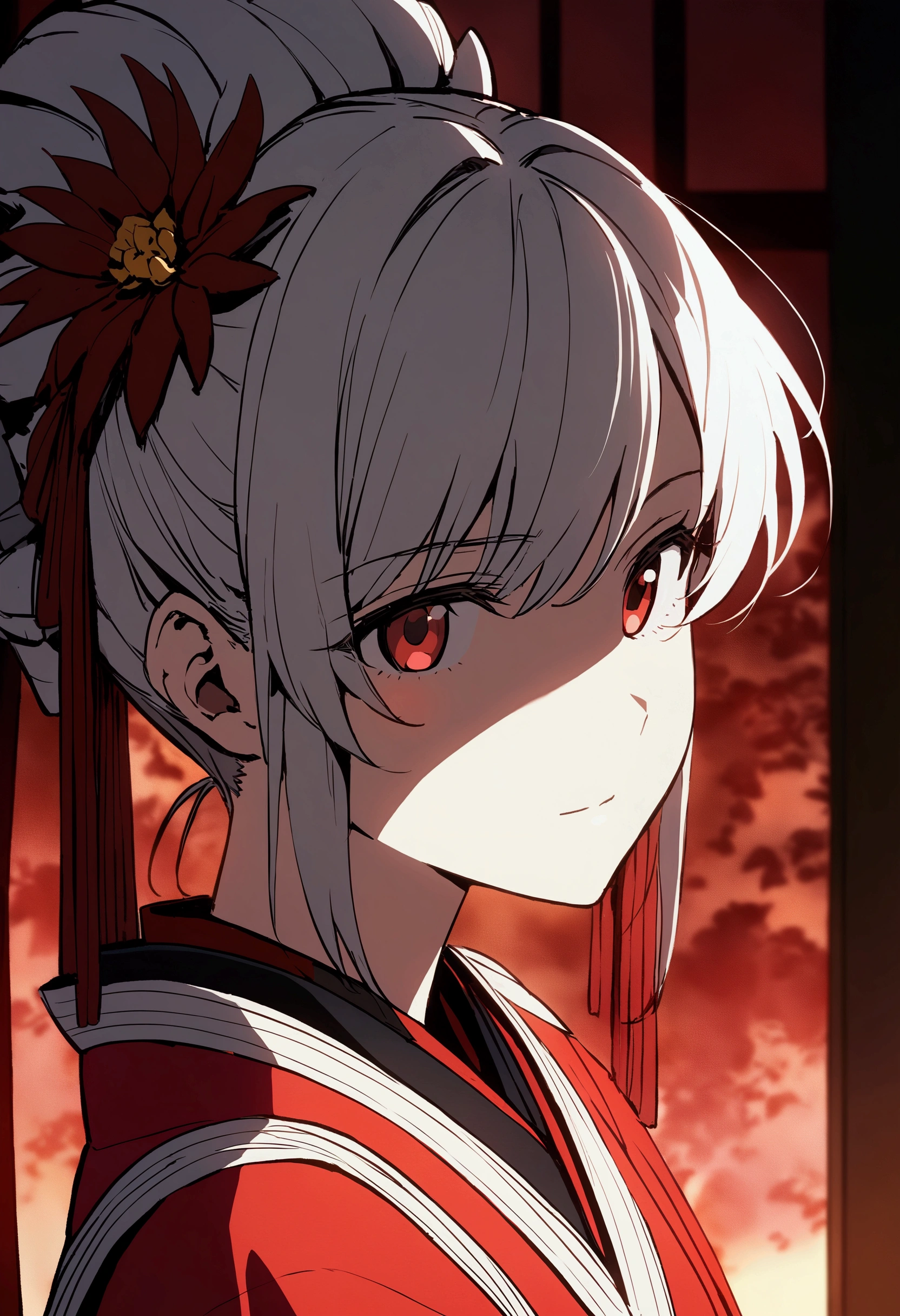 Beautiful anime portrait,Red monochrome,Oriental Wallpaper,pink,Feel,very anime style,Japanese Samurai,Flowers,close up,Soft Light,Rich in details,The expression is firm,Kimono decoration,Background blur,鲜艳的颜Feel深沉,front