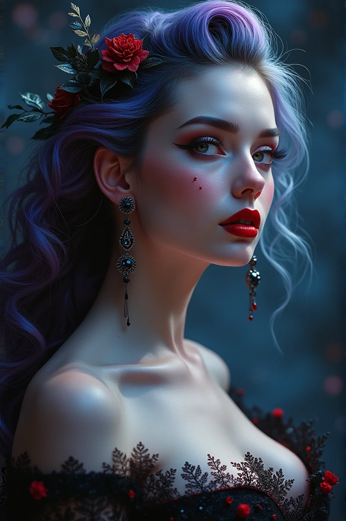 aa portrait of vampire with a bloody tear coming down from he eye, an exotic beautiful female vampire, dynamic hair color hair color, dynamic hair style, ultra detailed face, best detailed face, silver eye color, ((1single red teardrop: 1.3)), ((tear drop made from blood)), ((teardrop coming down from the eye: 1.3)), small cleavage, wearing two black diamond earrings, Ultra-high resolution, High Contrast, (masterpiece:1.5), highest quality, Best aesthetics), 16K fantasy art, best details, best quality, highres, (ultra wide angle: 1.2), 16k, [ultra detailed], masterpiece, best quality, (extremely detailed), ladyshadow, magical sky, crying style, vampire teeth、side shot