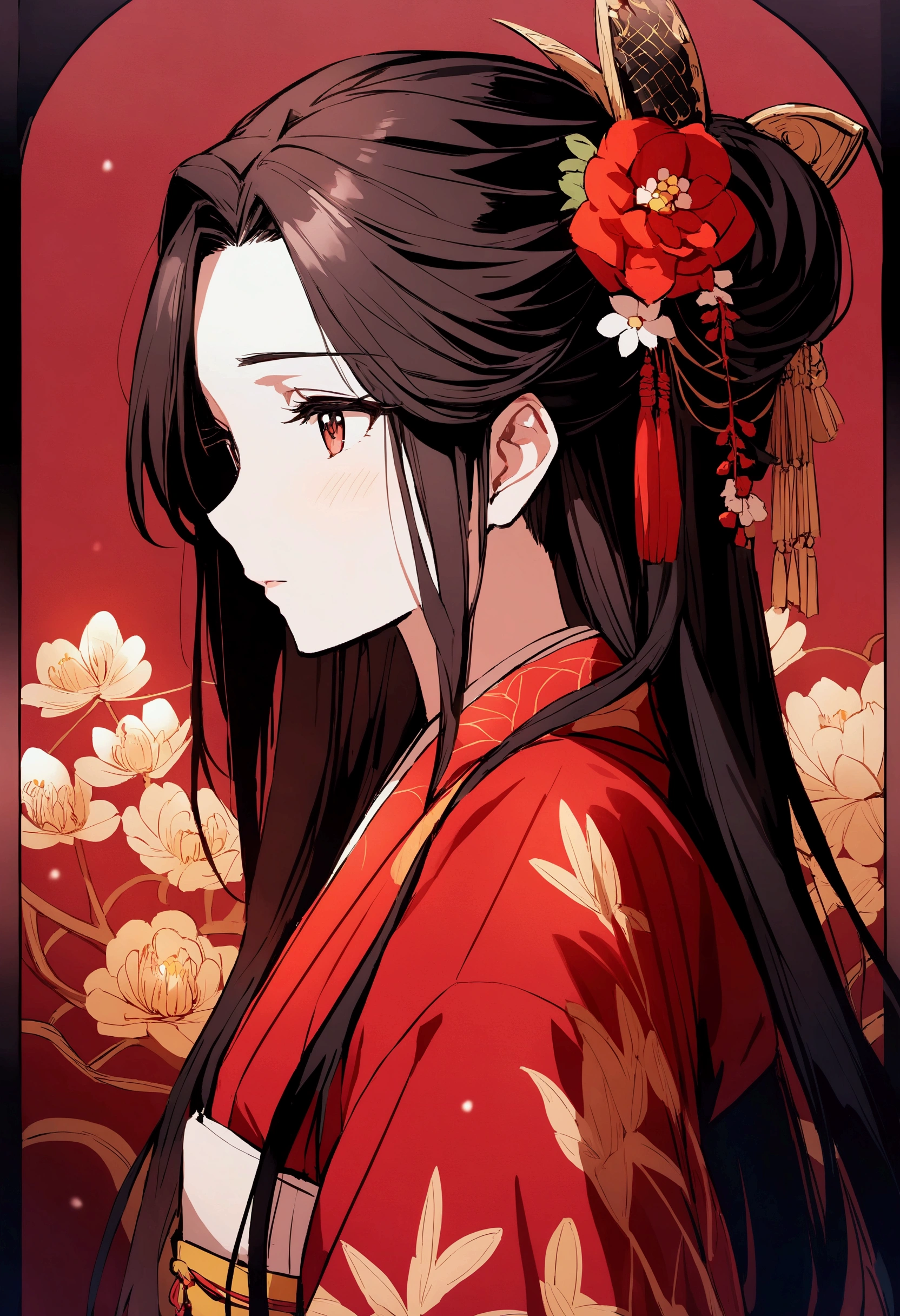 Beautiful anime portrait,Red monochrome，Oriental Wallpaper，pink，Feel，very anime style，Japanese Samurai，Flowers，close up，Soft Light，Rich in details，The expression is firm，kimono装饰，Background blur，鲜艳的颜Feel深沉，front，kimono