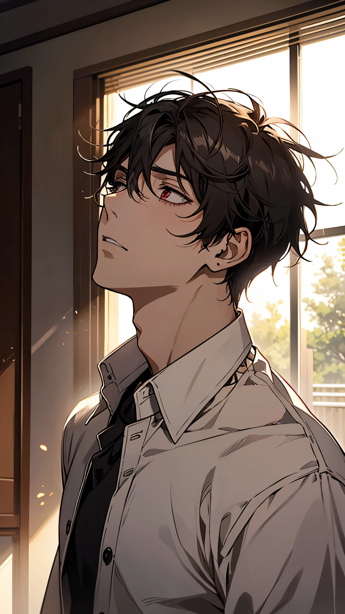 One, male, man, white button down shirt, narrow red eyes, direct facial treatment, Short black disheveled messy hair length,  sun light, warm light, anime style,worried,flustered,anxious,looking up