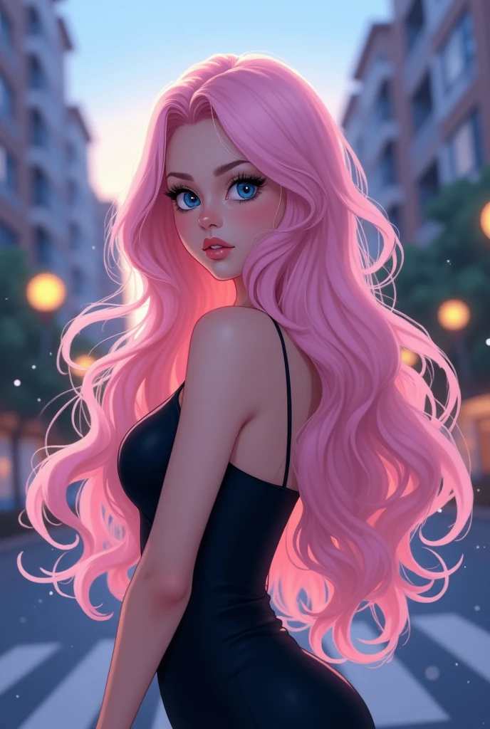 Girl with long wavy pastel pink hair, Blue eye color, Pale skin tone, , Light makeup,Curvy body, Wearing a tight black dress,Ultra HD drawing