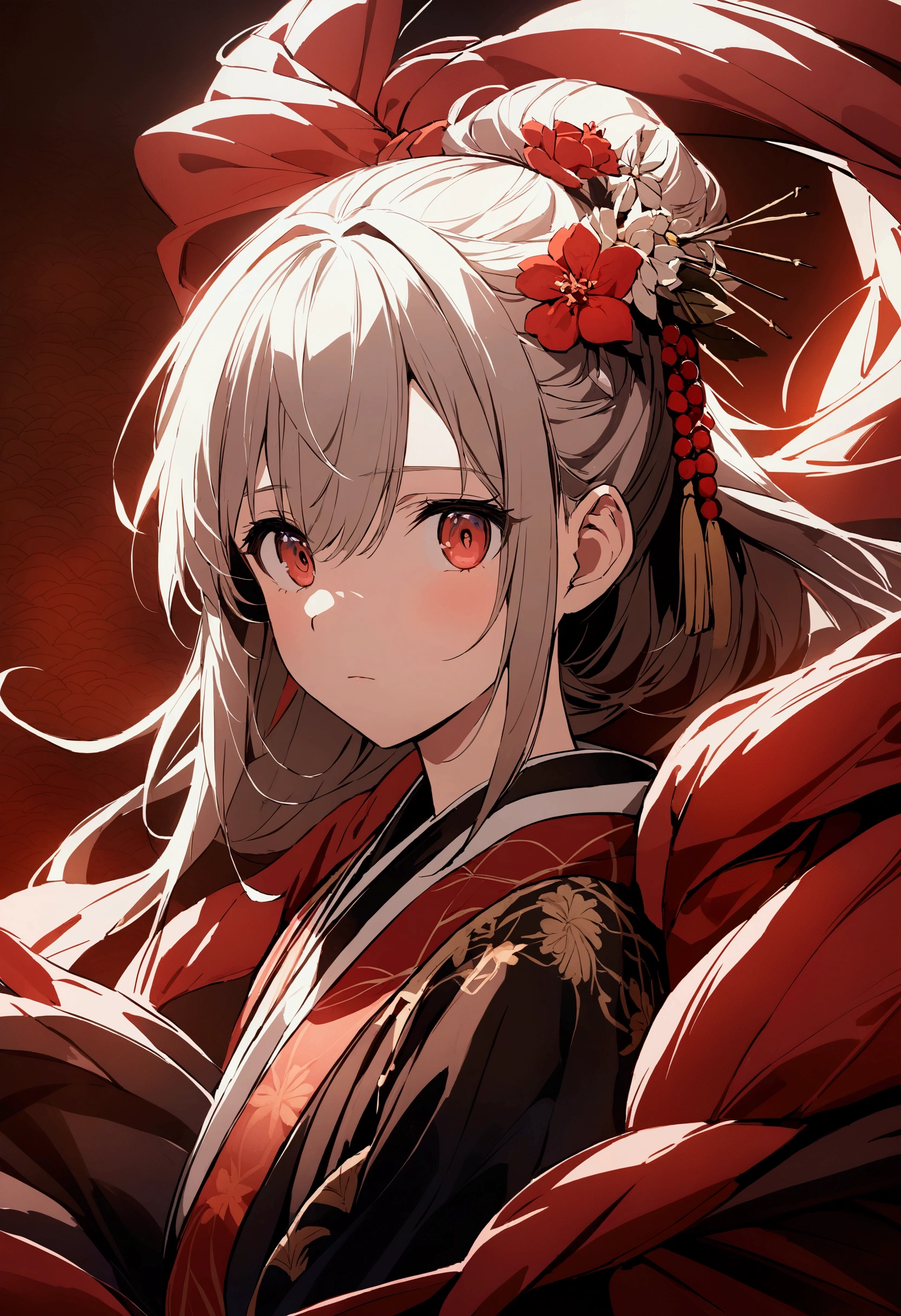 Beautiful anime portrait,Red monochrome,Oriental Wallpaper,pink,Feel,very anime style,Japanese Samurai,Flowers,close up,Soft Light,Rich in details,The expression is firm,kimono装饰,Background blur,鲜艳的颜Feel深沉,front,kimono
