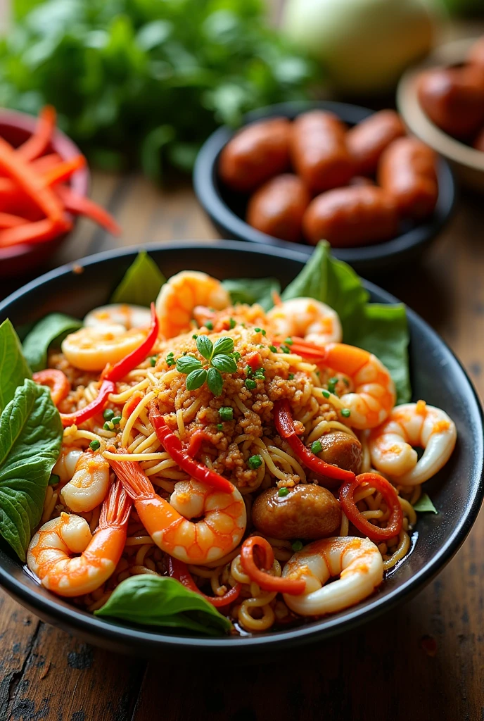 Spicy seafood noodle salad with minced pork sausage and meatballs