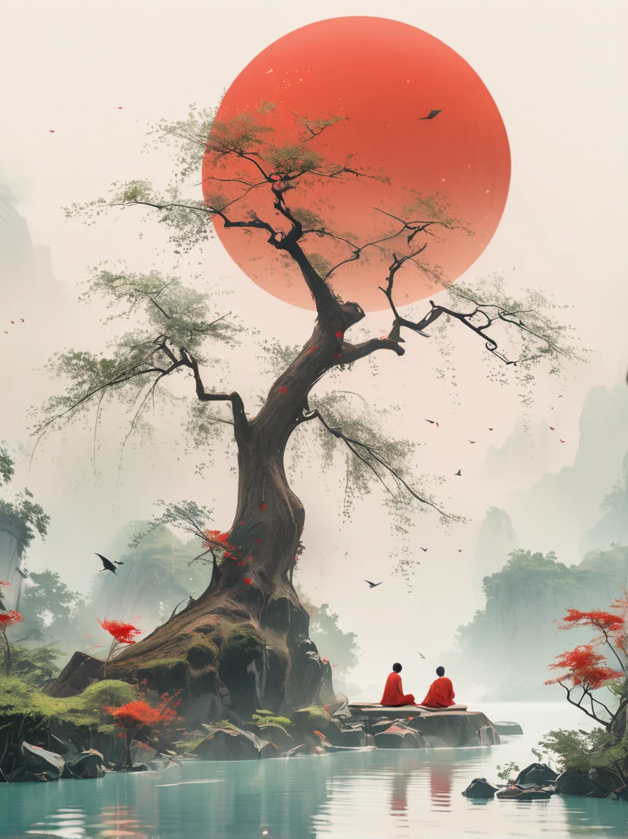 Minimalist composition red sun with black man sitting on it mirror reflection of tree and water surface, surrealism, clean background, in the style of cinema4d rendering, high resolution photography, dream scene, minimalist sculpture art installation