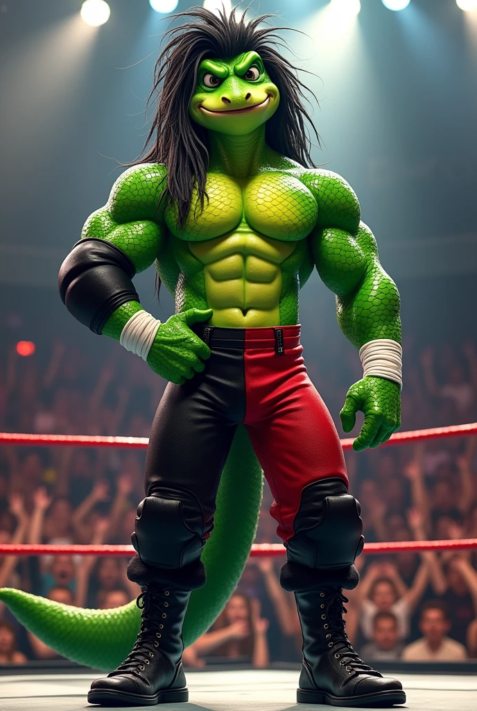 Tall Cartoon newt with green scaled body, dressed like WWE wrestler Kevin Nash, hairy chest, long black curly mullet hair, black and red bib pants, black flange on the side of the legs, one black elbow pads on his left arm, white wrist tape, and black wrestling boots