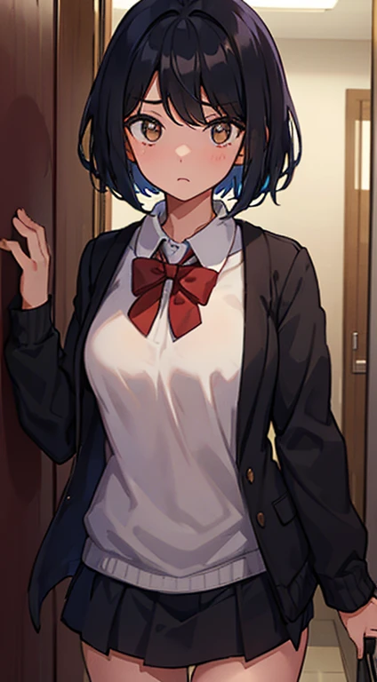a girl with short straight blak hair , side bangs ,short, fluster suprised face , school uniform black, in the hallway