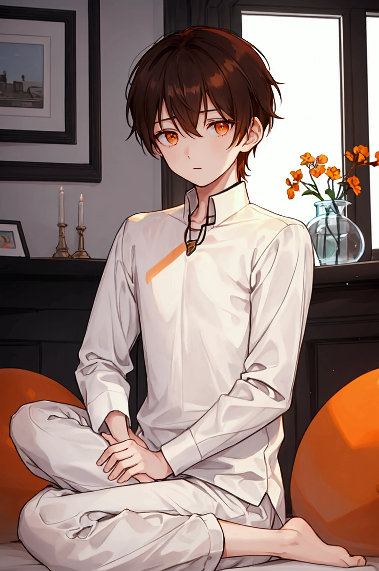 A boy In a white long-sleeved round-necked shirt and black trousers , brown hair and orange eyes, Sitting in the living room.