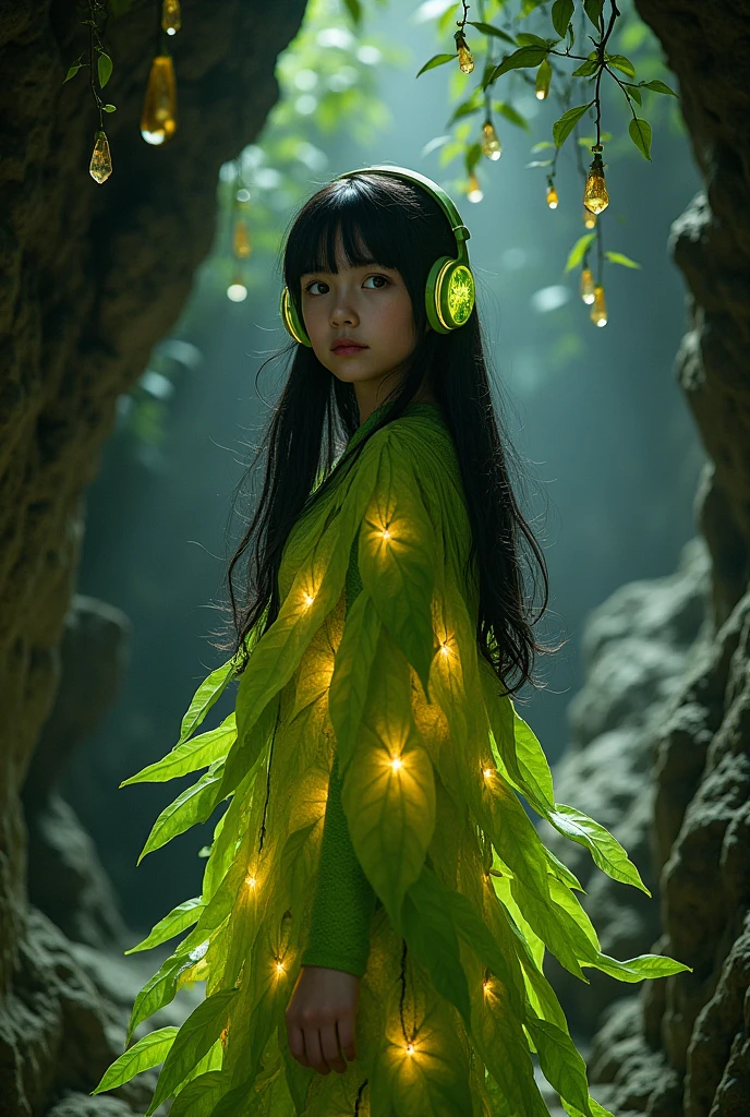 A girl with long black hair and bangs,with headphones in a cave,the girl radiates light and wears a suit made of leaves 