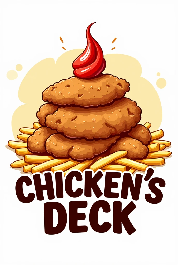 Fried chicken layered on top of a bed of fries with Mayo-ketchup sauce in the middle
logo for a restaurant named "CHICKEN'S DECK" 
Cartoonized or Animated 
Simple and unique