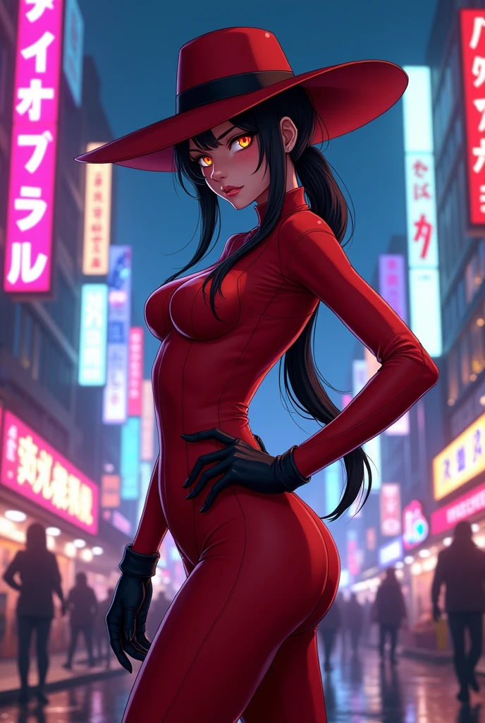 a woman in a red outfit and a hat standing in a street, extremely detailed artgerm, digital cyberpunk anime art, alena aenami and artgerm, anime cyberpunk art, cyberpunk anime girl, ig model | artgerm, seductive anime girl, digital cyberpunk - anime art, character from king of fighters, female cyberpunk anime girl, anime style 4 k