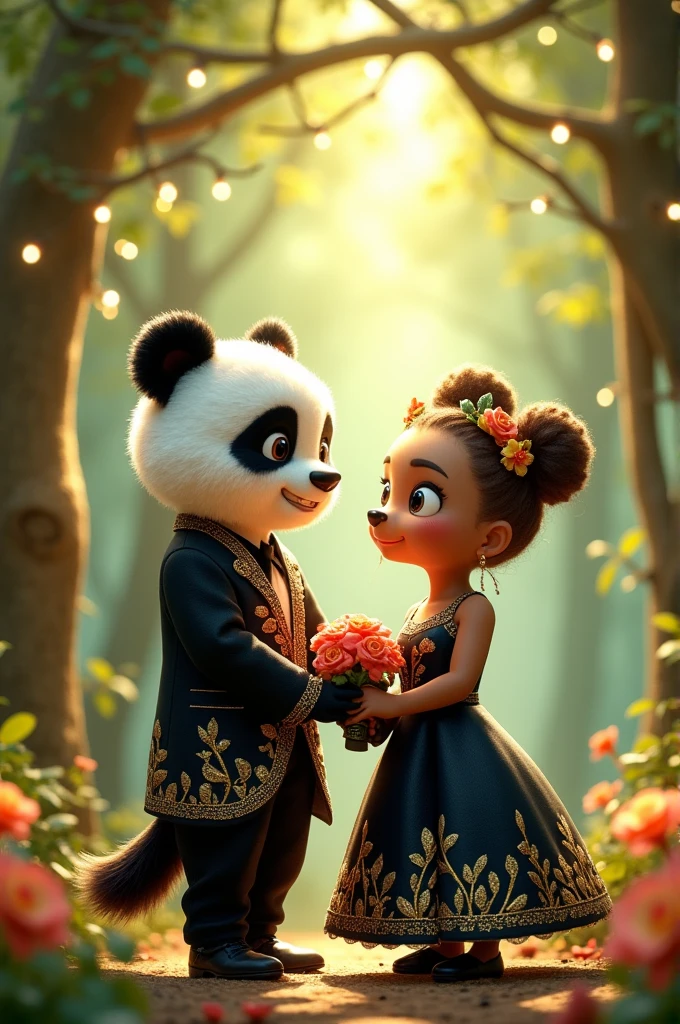 Nale Panda and female eddy bear is getting married together and both are wearing black dress.