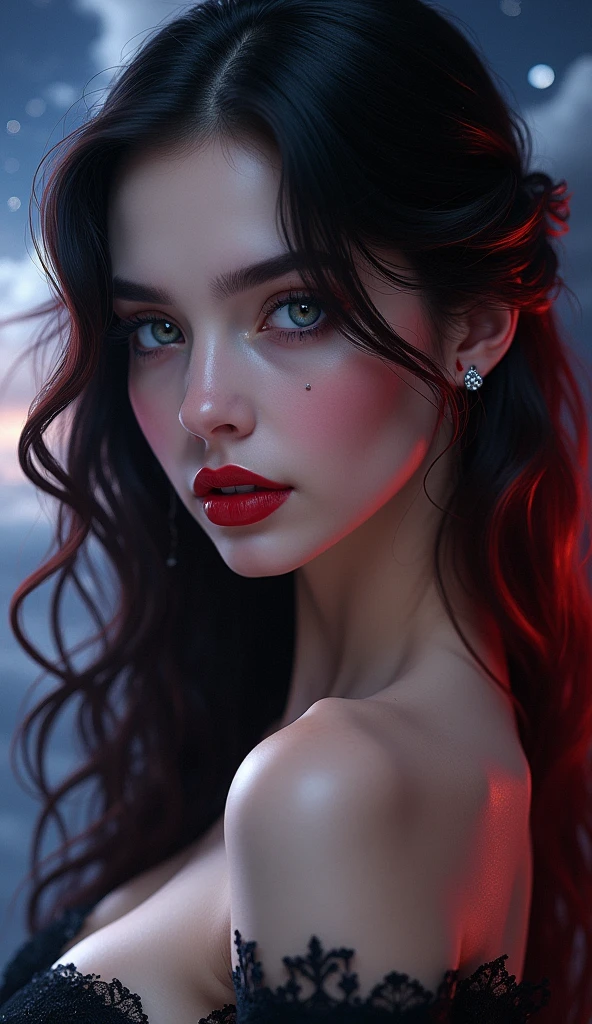 aa portrait of vampire with a bloody tear coming down from he eye, an exotic beautiful female vampire, dynamic hair color hair color, dynamic hair style, ultra detailed face, best detailed face, silver eye color, ((1single red teardrop: 1.3)), ((tear drop made from blood)), ((teardrop coming down from the eye: 1.3)), small cleavage, wearing two black diamond earrings, Ultra-high resolution, High Contrast, (masterpiece:1.5), highest quality, Best aesthetics), 16K fantasy art, best details, best quality, highres, (ultra wide angle: 1.2), 16k, [ultra detailed], masterpiece, best quality, (extremely detailed), ladyshadow, magical sky, crying style, vampire teeth