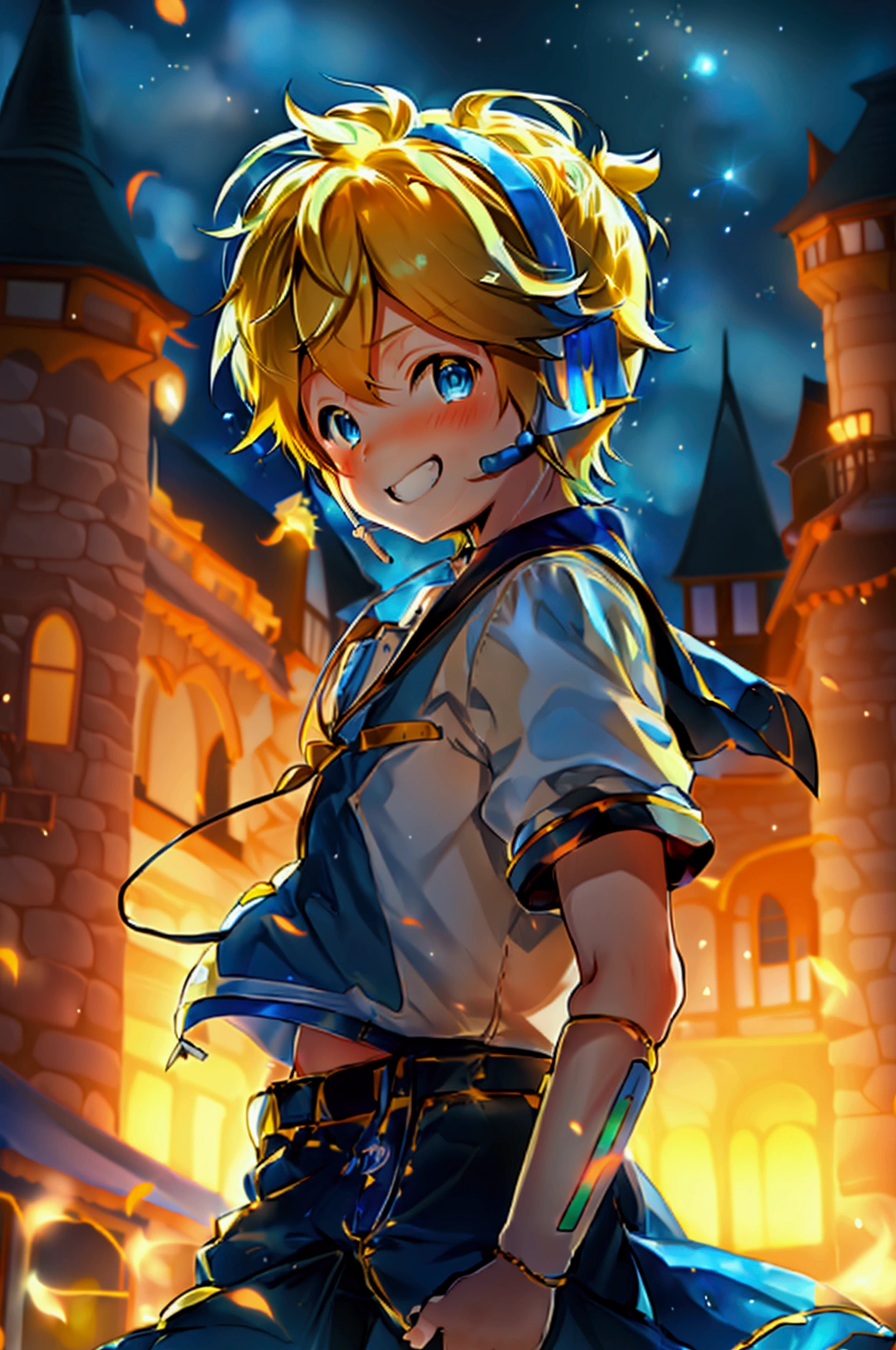 1 boy, (male child), 10 year old, (Kagamine Len), cute, cowboy shot, earphone, sailor uniform, collar tie, shorts, grin, happily grin, eyes closed, full-face blushed, standing in a fantasy castle at night, giving a V-sign