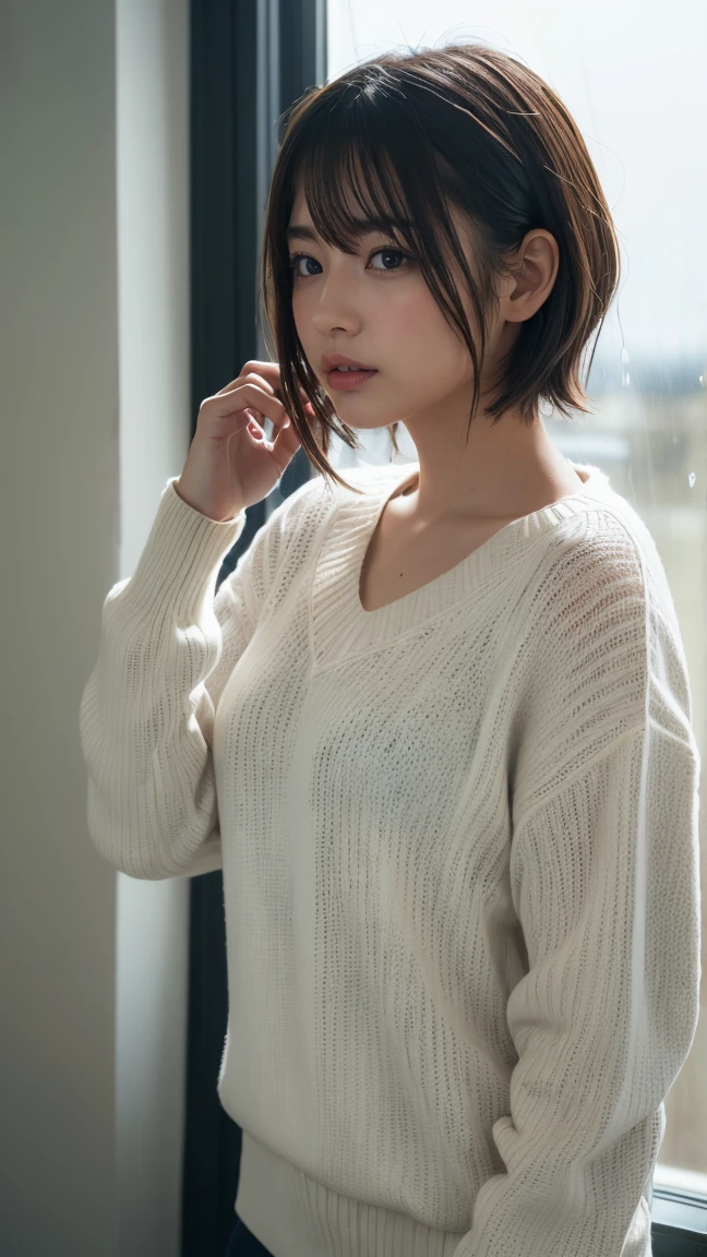 1 person, (Wearing a white summer sweater:1.2), Very beautiful Japanese idol portraits, (RAW Photos, Highest quality), (Realistic, Realistic:1.4), (masterpiece), Very delicate and beautiful, Very detailed, 2k wallpaper, wonderful, finely, Very detailed CG Unity 8K 壁紙, Very detailed, High resolution, Soft Light, Beautiful detailed, Very detailed目と顔, Beautiful and sophisticated nose, finelyて美しい目, Cinema Lighting, (I am doing gravure shoots for fashion magazines..:1.3), (indoor), (Looking out the window on a rainy day:1.3), (short hair), Complete Anatomy, Slender body, Small breasts,