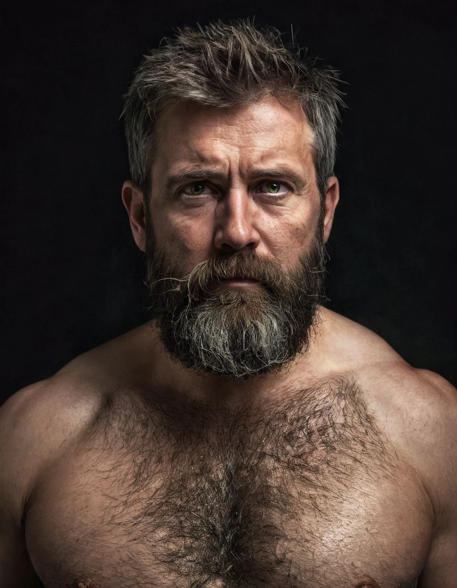 "Capture an 8K, very hyperrealistic portrait of a man around 50 years old. He has very short military-style fade haircut, with a rugged beard that gives off a lumberjack vibe. His piercing green eyes gaze directly at the viewer. Very realistic eyes, The scene shows the man from the chest up, revealing his heavily hairy chest and the top of his stomach, showcasing a chubby physique. He is shirtless against a deep black background, with a clear, bright studio lighting effect illuminating evenly across his face and body. The image should focus on the very intricate details of his facial features, very realistic beard texture, and chest hair, very realistic neck lines, very realistic neck, rendered in the hiperrealista style. Drawing inspiration from Greg Rutkowski's photography, maintain a high level of realism while highlighting the man's rugged and natural appearance."