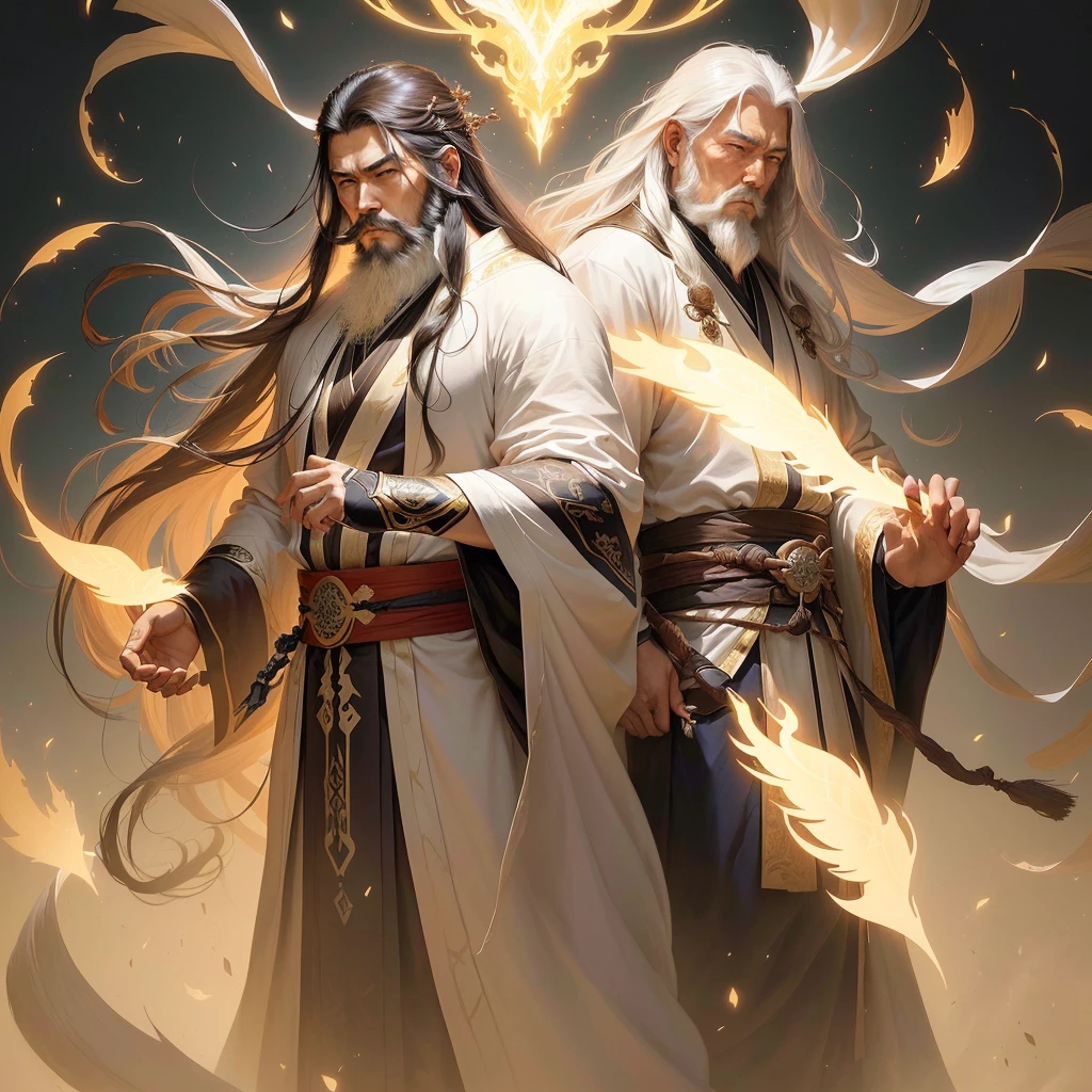 A photo taken from a book,The photo is of a man with a white beard、Man in a robe, Ross Tran 和 Bayard Wu, Long flowing hair and robes, The Father of the Gods, The God-Emperor of Humanity, author:Yang J, Inspired by Wu Daozi, Taoist priest, Tolkien and Michael Cormac, Ross Tran and Michael Whelan