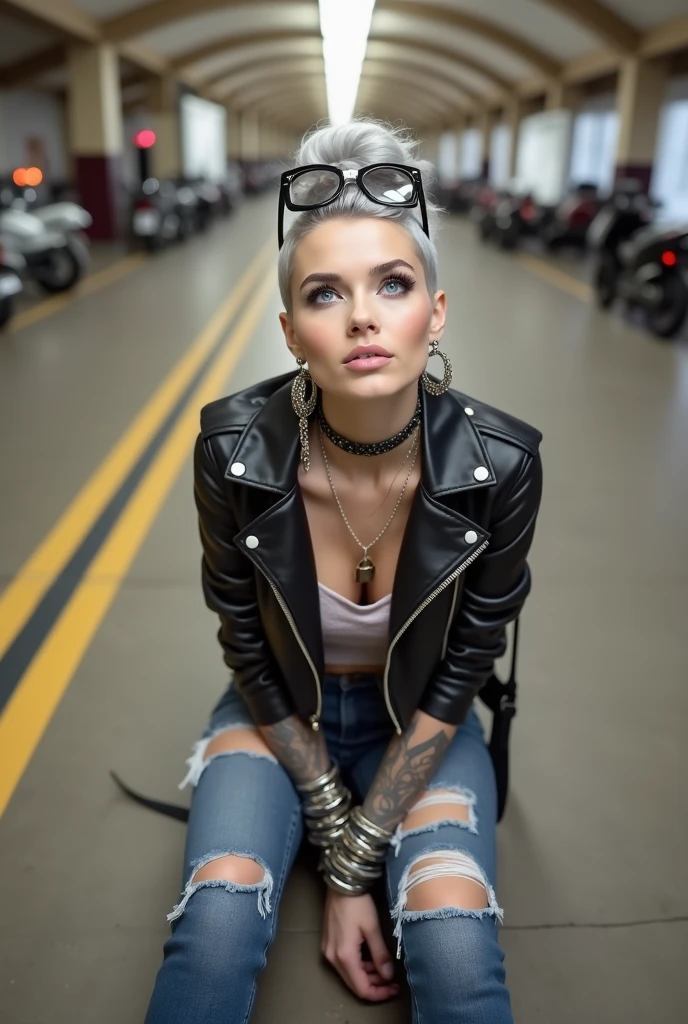 russian old milf woman, grey hair (huge top bun with shaved sides) and sunglasses as headband (big maxi glasses), with very light blue eyes, extremely pale. Wearing cropped black moto jacket, side pocket zippers, black bra, skinny dark blue jeans (worn and dirty knees) with white thread seams and pointy Chelsea boots with cuban heels . Lots of metallic bracelets and collars. Tacky leather belt with oversized buckle. Wide loop earrings. Sitting on the floor, looking up, chin up, eyes and mouth wide open in amazement. Hands in her crotch .Looking at the camera in amazement, toned abdominals, thin legs and thin arms. tattoed