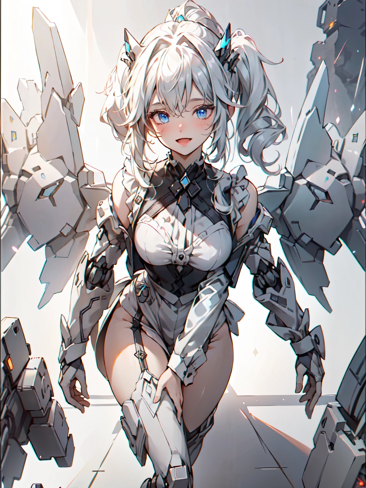 (Masterpiece, Best Quality, great, Highly detailed ajectar Unity、8k wallpaper, Depth-of-field, super fine-illustration:1.5)、3D, Extremely detailed, (Victorian maid cloth, mecha leg, mecha hand: 1.3), (1elf girl), sci-fi battlefield, hawken, Smile, Open mouth, short ponytail hair, (white blonde hair, Deep Blue Eyes:1.2), Sparkling eyes, Cute face, kawaii, Large breasts, delicate hair, disheveled hair, ((Flying high in the sky)),  (Symmetrical mechanical wing, Metallic colored mechanical wings that are widely expanded to the left and right so that they protrude greatly from the screen, headgear, white hair ornament), (Particles of light, Cinematic lighting: 1.3), (Thin pink lips: 0.8), by Yusuke Murata.