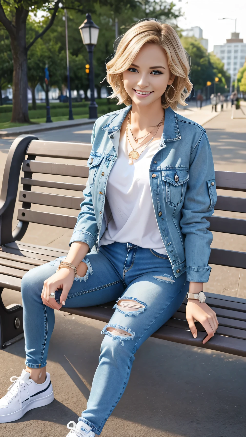 Super Resolution、Neat and clean Caucasian woman、Full body photo、sitting on a park bench、ear piercing、Blonde Hair、blue eyes、Short Haircut、Wavy Hair、、necklace、Denim jacket、shirt、Skinny jeans、sneakers、smile、Beautiful teeth alignment