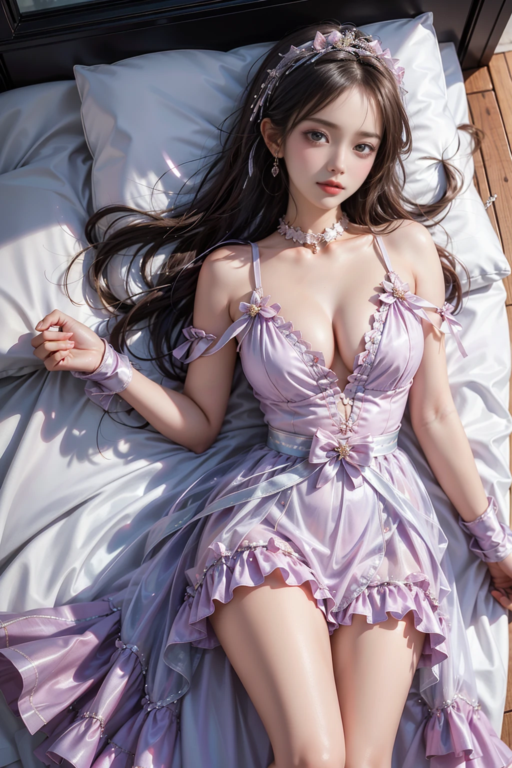 idol_custom（(Girl lying in bed))、A beautiful and moving woman, in an elegant pose, her full breasts on display.，Visible cleavage，The skirt is short, Sexy long legs，Variety of slim and cute beauties, Her long hair cascades down her shoulders like a waterfall。She smiles radiantly，Eyes sparkle，Her skin is flawless。Her curves are highlighted。Sparkle in the light，The colors are soft，Perhaps in shades of light pink or lavender。She lay confidently，One hand on hip，Her posture is both graceful and strong。She wears elegant high heels，Goes well with her outfit。In the warm golden sun。The overall atmosphere of the image is tranquil and uplifting，Emphasizing natural beauty and elegance, Studio Lighting,Bright colors, Sweet maiden, sweet smile, make up，shy，Blush，Parted lips，Heavy breathing，moan，Surrealism，Realism，Movie Lighting，Relief，Sony FE GM，Retina，masterpiece，precise，Anatomically correct，Textured Skin，Super Detail，High Detail，best quality，rich and colorful