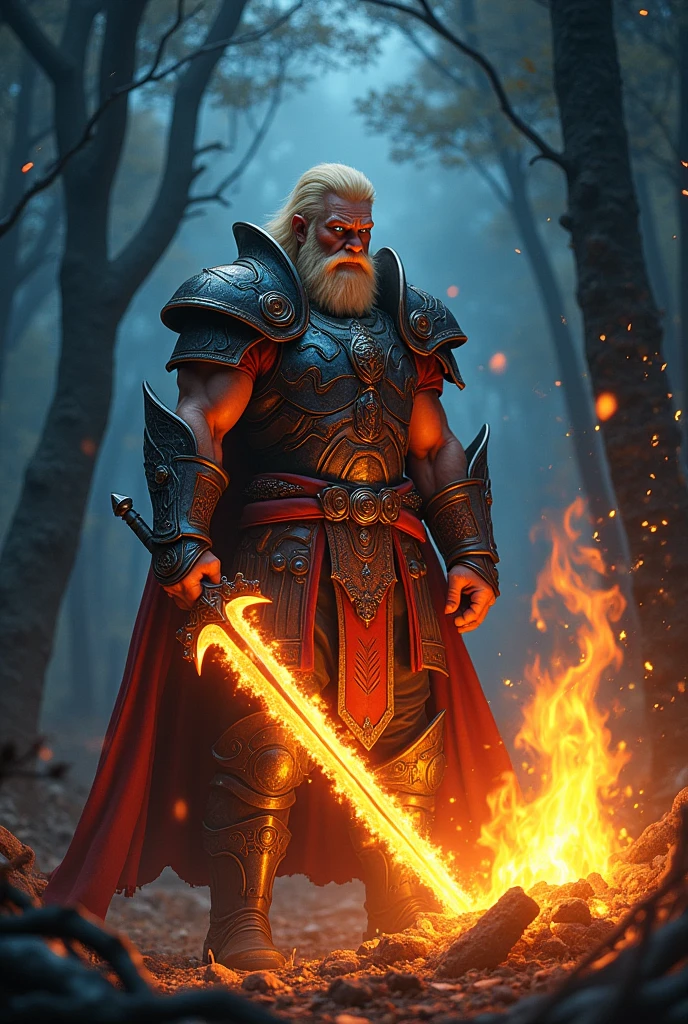 A half-orc with blond hair, battle armor, blue eyes, and a fire sword in a bonfire