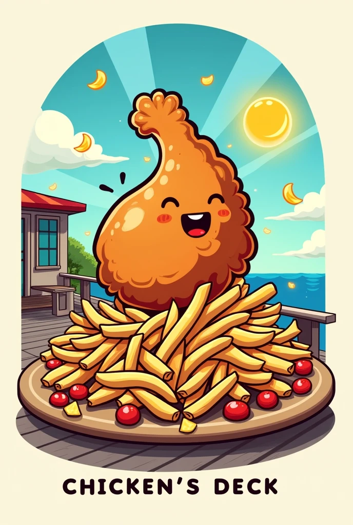 Fried chicken layered on top of a bed of fries with Mayo-ketchup dressing
logo for a restaurant named "CHICKEN'S DECK"
Cartoonized or Animated
Simple and unique