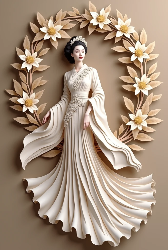 The image is a paper cut art of a woman in a traditional Japanese dress. The woman is standing in the center of the image, facing towards the left side. She is wearing a long, flowing white dress with intricate patterns and designs. The dress has a high neckline and long sleeves, and the skirt is made up of multiple layers of fabric. The bodice of the dress is decorated with a floral pattern, while the skirt has a more voluminous design.
The woman is surrounded by a wreath of white flowers and leaves, creating a beautiful and elegant look. The flowers are arranged in a symmetrical pattern, with some overlapping each other. The leaves are also intricately detailed, adding to the overall aesthetic of the piece. The background is a light beige color, making the woman and the dress stand out even more. The overall effect is one of elegance and sophistication.