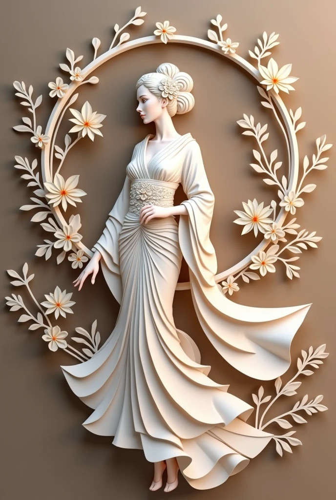 The image is a paper cut art of a woman in a traditional Japanese dress. The woman is standing in the center of the image, facing towards the left side. She is wearing a long, flowing white dress with intricate patterns and designs. The dress has a high neckline and long sleeves, and the skirt is made up of multiple layers of fabric. The bodice of the dress is decorated with a floral pattern, while the skirt has a more voluminous design.
The woman is surrounded by a wreath of white flowers and leaves, creating a beautiful and elegant look. The flowers are arranged in a symmetrical pattern, with some overlapping each other. The leaves are also intricately detailed, adding to the overall aesthetic of the piece. The background is a light beige color, making the woman and the dress stand out even more. The overall effect is one of elegance and sophistication.