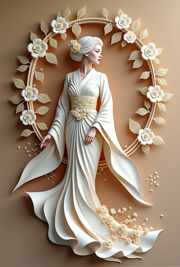The image is a paper cut art of a woman in a traditional Japanese dress. The woman is standing in the center of the image, facing towards the left side. She is wearing a long, flowing white dress with intricate patterns and designs. The dress has a high neckline and long sleeves, and the skirt is made up of multiple layers of fabric. The bodice of the dress is decorated with a floral pattern, while the skirt has a more voluminous design.
The woman is surrounded by a wreath of white flowers and leaves, creating a beautiful and elegant look. The flowers are arranged in a symmetrical pattern, with some overlapping each other. The leaves are also intricately detailed, adding to the overall aesthetic of the piece. The background is a light beige color, making the woman and the dress stand out even more. The overall effect is one of elegance and sophistication.