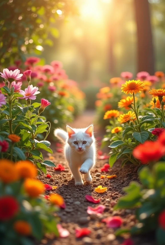 Setting: A bright, warm garden, filled with blooming flowers.
Visual: A cute tiny white cat playing with a cute 
Mood: Bittersweet, with a sense of eternal peace and reunion.
Each scene captures a pivotal moment in the story, conveying the deep emotional journey