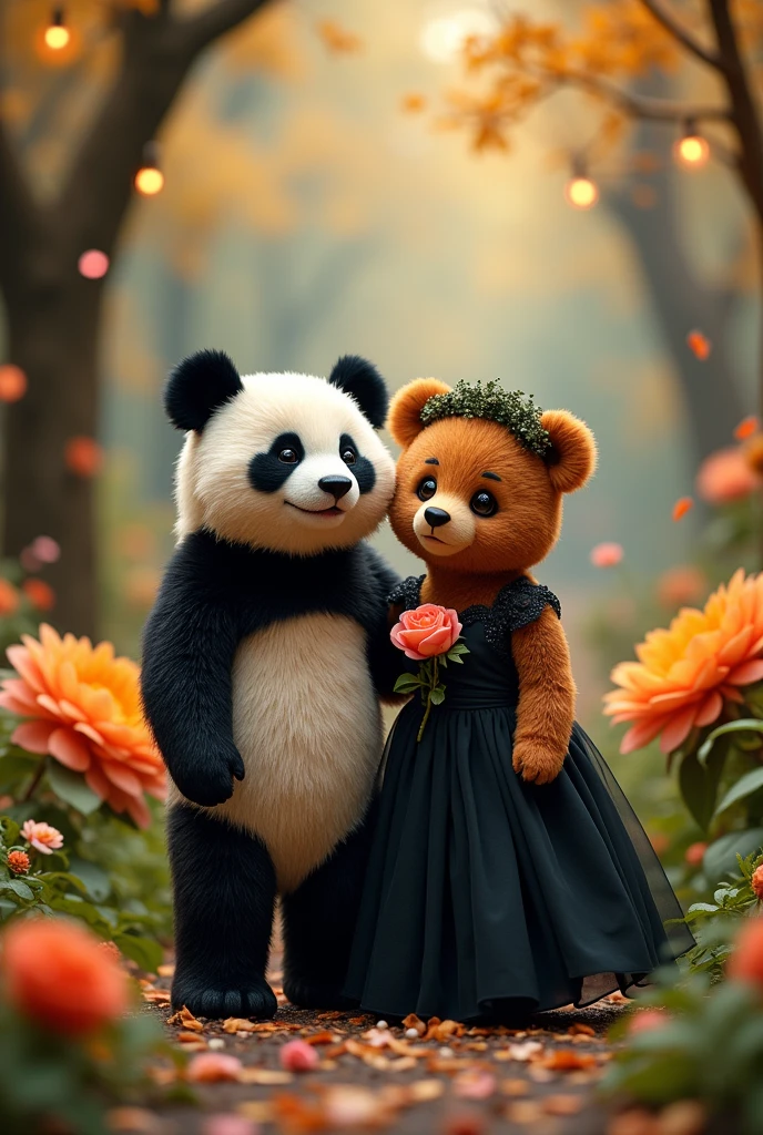 Male Panda and female teddy bear is getting married together and both are wearing black dress.