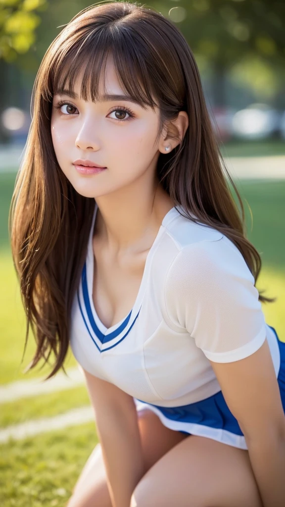 masterpiece, Highest quality, Very detailed, High resolution, (Realistic, photoRealistic:1.37), Excellent anatomy, One beautiful woman,front,Knee-deep shots,Focus on the skirt and thighs.,A small smile, cheer leading, Cheerleader uniform, (shape), Micro Pleated Mini Skirt, ((Very delicate and beautiful)), (Bokeh, Blurred outdoor background), Brown Hair, Long Hair, bangs,Very beautiful face, Cute type, Big Natural Color Lip, Big and pretty eyes, Brown eyes, Obvious double, Small and cute nose, Brown eyes, Shiny highlight spots around the eyes, Character Focus, Tilt your head, The best light, Best Shadow, mysterious, Perfect Face, Very detailed, Soft Skin, (Glowing Skin, Sweaty: 1.2)'Beautiful feet, Voluptuous thighs, Plump body, Huge breasts, (Expresses the roundness and softness of the chest area.........1), Beautiful body, (The perfect woman),