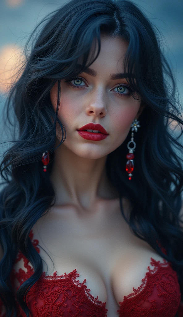 aa portrait of vampire with a bloody tear coming down from he eye, an exotic beautiful female vampire, dynamic hair color hair color, dynamic hair style, ultra detailed face, best detailed face, silver eye color, ((1single red teardrop: 1.3)), ((tear drop made from blood)), ((teardrop coming down from the eye: 1.3)), small cleavage, wearing two black diamond earrings, Ultra-high resolution, High Contrast, (masterpiece:1.5), highest quality, Best aesthetics), 16K fantasy art, best details, best quality, highres, (ultra wide angle: 1.2), 16k, [ultra detailed], masterpiece, best quality, (extremely detailed), ladyshadow, magical sky, crying style, vampire teeth