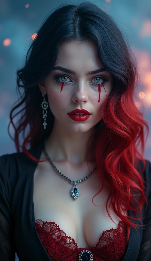 aa portrait of vampire with a bloody tear coming down from he eye, an exotic beautiful female vampire, dynamic hair color hair color, dynamic hair style, ultra detailed face, best detailed face, silver eye color, ((1single red teardrop: 1.3)), ((tear drop made from blood)), ((teardrop coming down from the eye: 1.3)), small cleavage, wearing two black diamond earrings, Ultra-high resolution, High Contrast, (masterpiece:1.5), highest quality, Best aesthetics), 16K fantasy art, best details, best quality, highres, (ultra wide angle: 1.2), 16k, [ultra detailed], masterpiece, best quality, (extremely detailed), ladyshadow, magical sky, crying style, vampire teeth