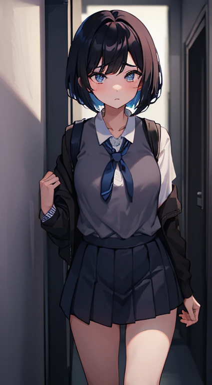 a girl with short straight blak hair , side bangs ,short, fluster suprised face , school uniform black, in the hallway black blueish eye 