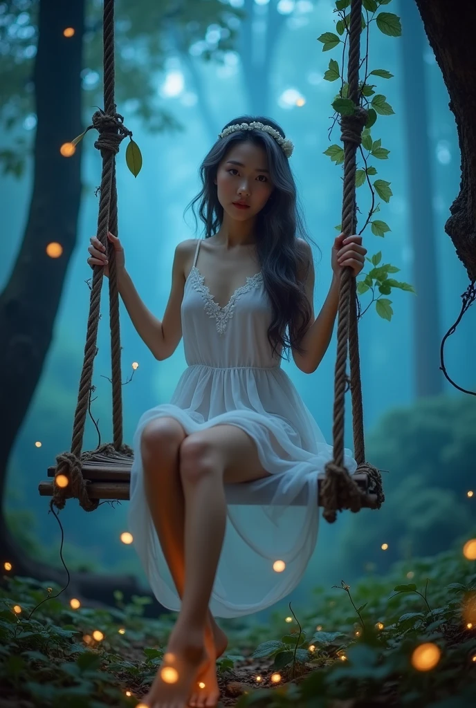 (wide shot, whole body shot), A beautiful korean girl, 20 years old, kpop style, ash grey long wavy hair, white flower headband, blue eyes, sexy body, long legs, wide thigh gap, silver titanium necklace with heart liontin, sitting front view on rotten wood swing inside a quiet mystical illuminated fantasy forest, glowing blue leafs shing the atmosphere, Lots of bright fireflies flying around above the forest, backlighting, holding swing's ropes that has creeping leaves on it. Bare feet, She's wearing transparent white spaghetti strap silky low cut mini night dress, slightly lace dress, cleavage, ((twisting dress, lifting up high your own dress:1.4)), the dress is just below of her pussy, spreading legs, M-legs, ((open wide legs, spreading legs:1.4)), clearly see white slim and thight panties, open legs, looking to the viewer, (((from below, low angle shot:1.4))), beautiful lighting, cinematic, (whole body), (((bright skin:1.4)))