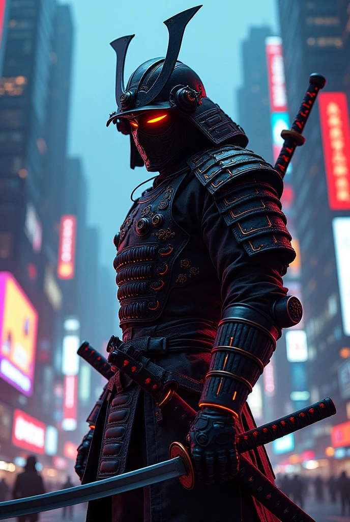 A samurai in a mask and armor,A katana on a belt.
All this is done in a cyberpunk style.
