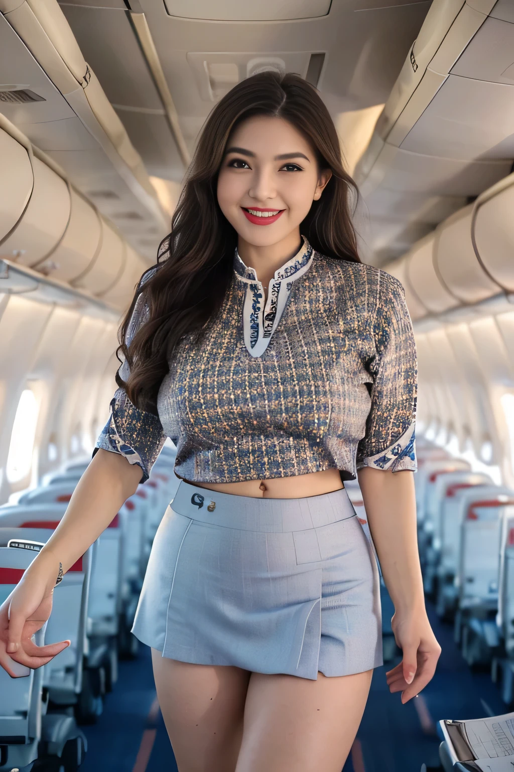 beautiful woman, 28 years、hyperdetailed face、Detailed lips、A detailed eye、double eyelid、(Smiling while walking gracefully down the aisle)、(Stewardess uniform:1.2)、((mini skirt:1.5)) (Glamorous body)、(Colossal tits)、（large full breasts）（big butts）（Plump body）（plump body shape）（ large full breasts）（Colossal tits）((unbutton))、highs thighs thighs thighs, Perfect fit, Perfect image realism, Background with: (Business Class aisle on airplanes:1.2), Cowboy Shot, Meticulous background, detailed costume, Perfect litthing、Hyper-Realism、(Photorealsitic:1.4)、8K maximum resolution, (​masterpiece), ighly detailed, Professional