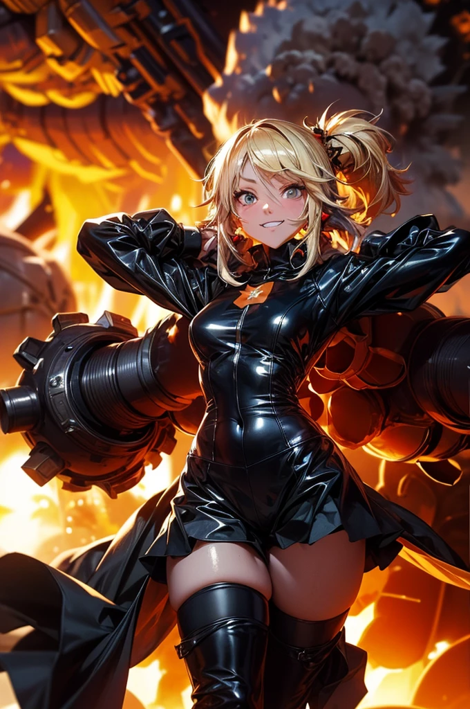NSFW,((turn your arms behind your back)),(((explosion behind:1.5))), ((fold your arms)),((highest quality, 8K, masterpiece: 1.3))), sharp focus: 1.2, beautiful woman with perfect figure: 1.4, thin abs: 1.2, ((layer cut, big: 1.2)), wet body: 1.5, Highly detailed face and skin texture, fine eyes, double eyelid,Thighs that are not too thick, Blonde Side Ponytail Hair, first round,black long coat,black thigh high boots, black corset, black leather panties, from below, smile a little,Navel exposed,Two legs,Two arms,Thighs that are not too fat,open legs,Are standing,