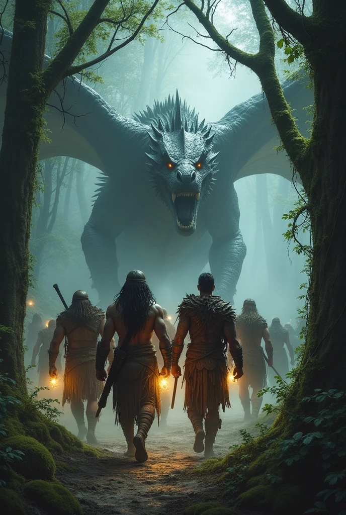 A group of Mans hunting a dragon behind