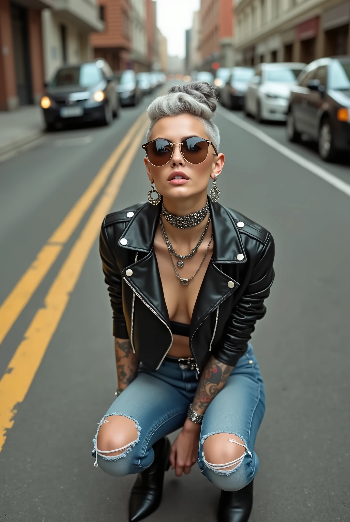 russian old milf woman, grey hair (huge top bun with shaved sides) and sunglasses as headband (big maxi glasses), with very light blue eyes, extremely pale. Wearing cropped black moto jacket, side pocket zippers, black bra, skinny dark blue jeans (worn and dirty knees) with white thread seams and pointy Chelsea boots with cuban heels . Lots of metallic bracelets and collars. Tacky leather belt with oversized buckle. Wide loop earrings. Sitting on the floor, looking up, chin up, eyes and mouth wide open in amazement. Hands in her crotch .Looking at the camera in amazement, toned abdominals, thin legs and thin arms. tattoed