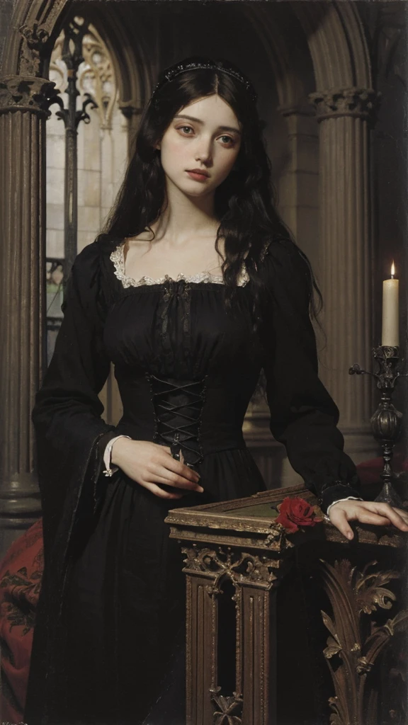 Pre-Raphaelites, black dress, death, rose in hands, gothic atmosphere, dark, gloomy, cathedral background, oil painting, medieval