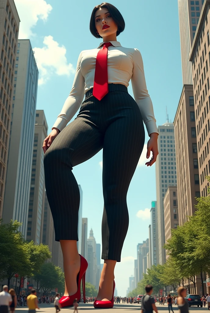 Giant's Art, Highly detailed Giant shot, Giant, short hair, A women who is miles taller than a skyscraper, big breasts, black pinstriped pants and white shirt, huge red tie, high heels, very small metropolis, miniature metropolis, crush the big city, full body description, GTS, Giga Goddess, Stomping City, crash city, micro city, High resolution, highest quality, masterpiece,