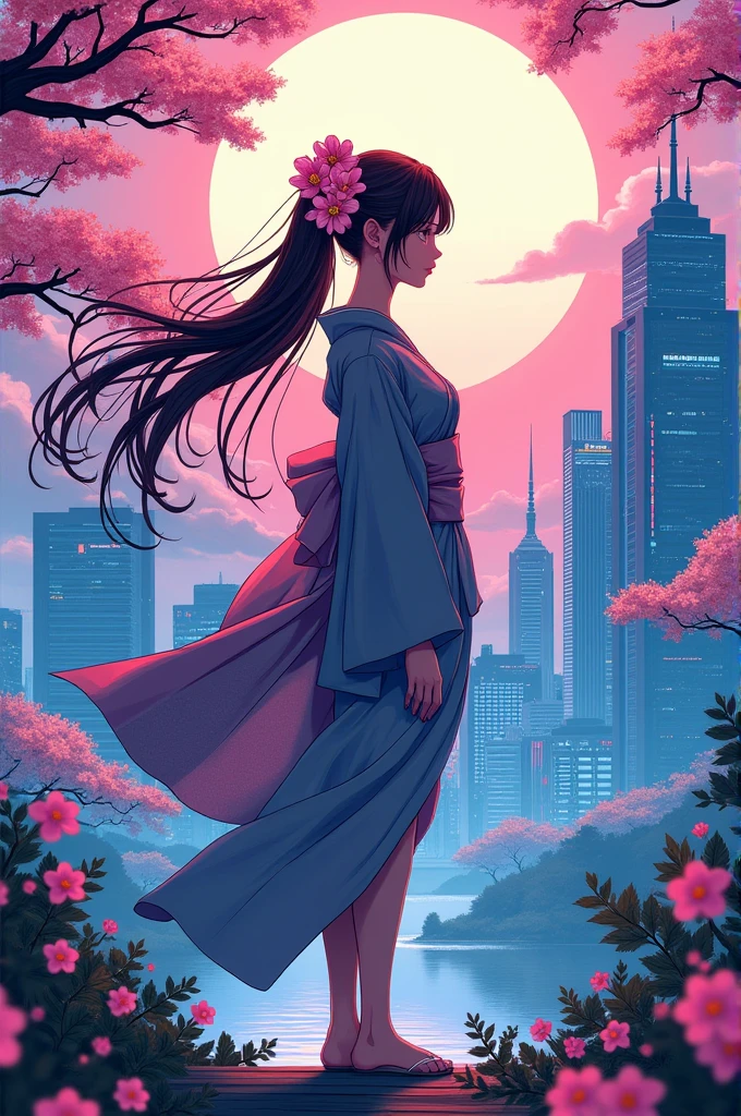 Future Japan, Japanese line art leaning towards anime, natural