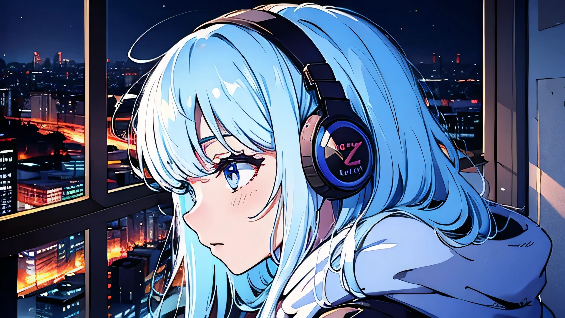Detailed anime, Wearing a large sweater, Wearing headband headphones, praise, quiet, Quiet atmosphere, cold, Looking out the bedroom window, night, quiet night,, masterpiece, Highest quality