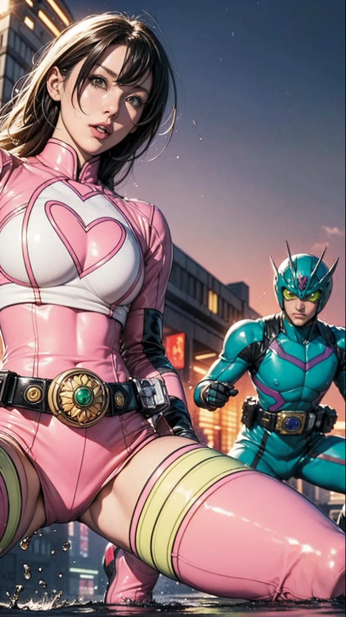 good better hand, Solo, A brave and courageous image of a 6 member ranger team, Each one is decorated in vibrant colors such as:: ((Pink)), red is front of center, violet, Green, yellow, blue black, white,. Heart motif belt, Dynamic poses in a background that exudes energy and courage, neon, fire, plasma, Fluorescent, shocking, pink big bomber, splashing pink, running, fighting pose, action pose, Embodying the essence of the classic Sentai superhero team. Each Ranger:: The attire is sophisticated and modern, Each color has elements that reflect its theme., Ready for action. ((Camel Toe)), weapons, in sunset background , in cinematic lighting, cover art mixed cinema poster style,