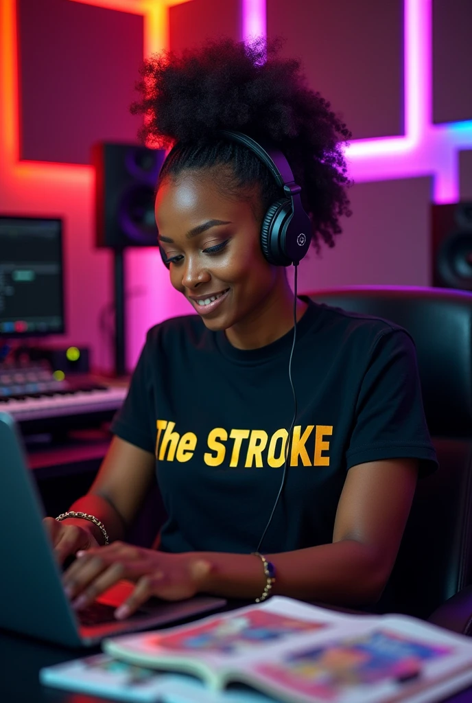 A black lady weaning black t-shirt written "tHe StrOKE" LISTENING TO music podcast on her phone in studio infront of a pc