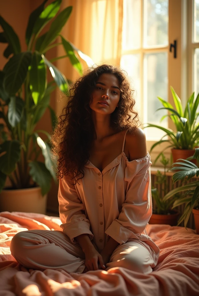 (photorealism:1.2), beautiful woman, sitting on bed, wearing loose off-shoulder top, pajama pants, long curly hair, indoors, soft lighting, plants in background, window with sunlight, cozy room, relaxed pose, realistic, intricate details, warm colors, by Greg Rutkowski, by Alphonse Mucha