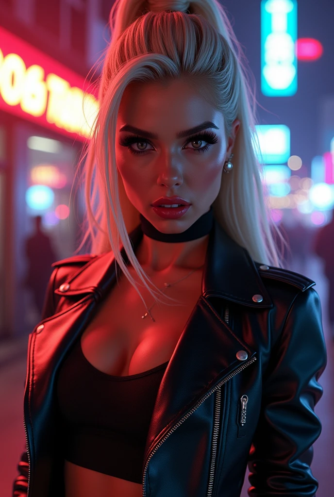 An ultra-realistic CG illustration of an jess nigri woman with a piercing gaze and bold makeup. She's wearing a leather jacket with a crop top, and her long blond hair is styled in a sleek updo.