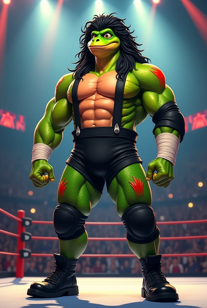 Tall Cartoon newt with green scaled body, dressed like WWE wrestler Kevin Nash, hairy chest, long black curly mullet hair, black bib pants, red hair on the side of the legs, one black elbow pads on his left arm, white wrist tape, and black wrestling boots